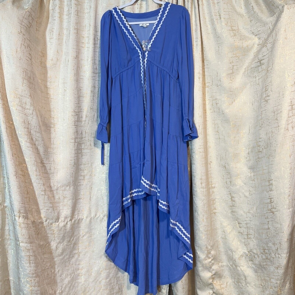 NWOT BTFL-life High Low Maxi Dress Women M Blue Ric-Rac Trim Boho Tiered Coastal
